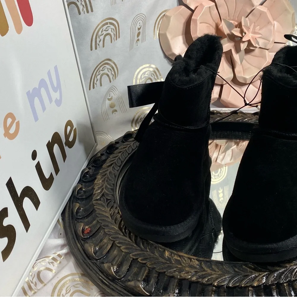 BearPaw Kids Black Slippers with Ribbon